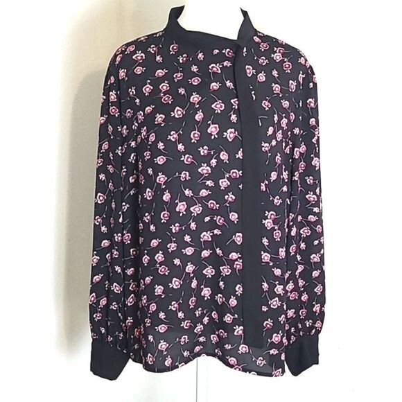 CeCe Black Blouse with Pink Flowers, Black Stand-up Collar, Size XL - Picture 1 of 9